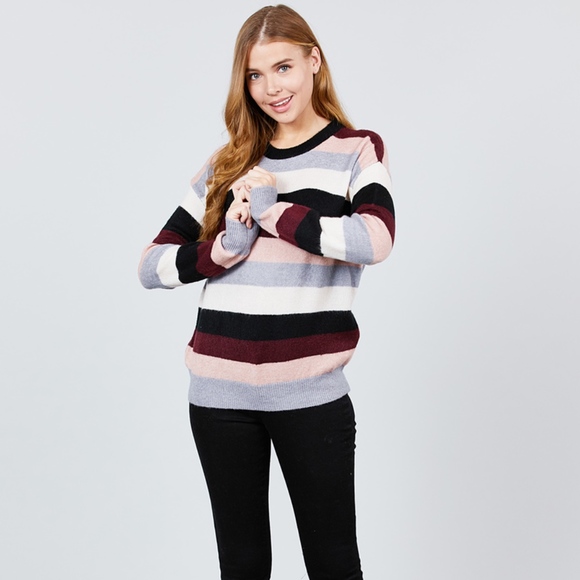 LONG SLEEVE ROUND NECK STRIPED SWEATER - Picture 4 of 6